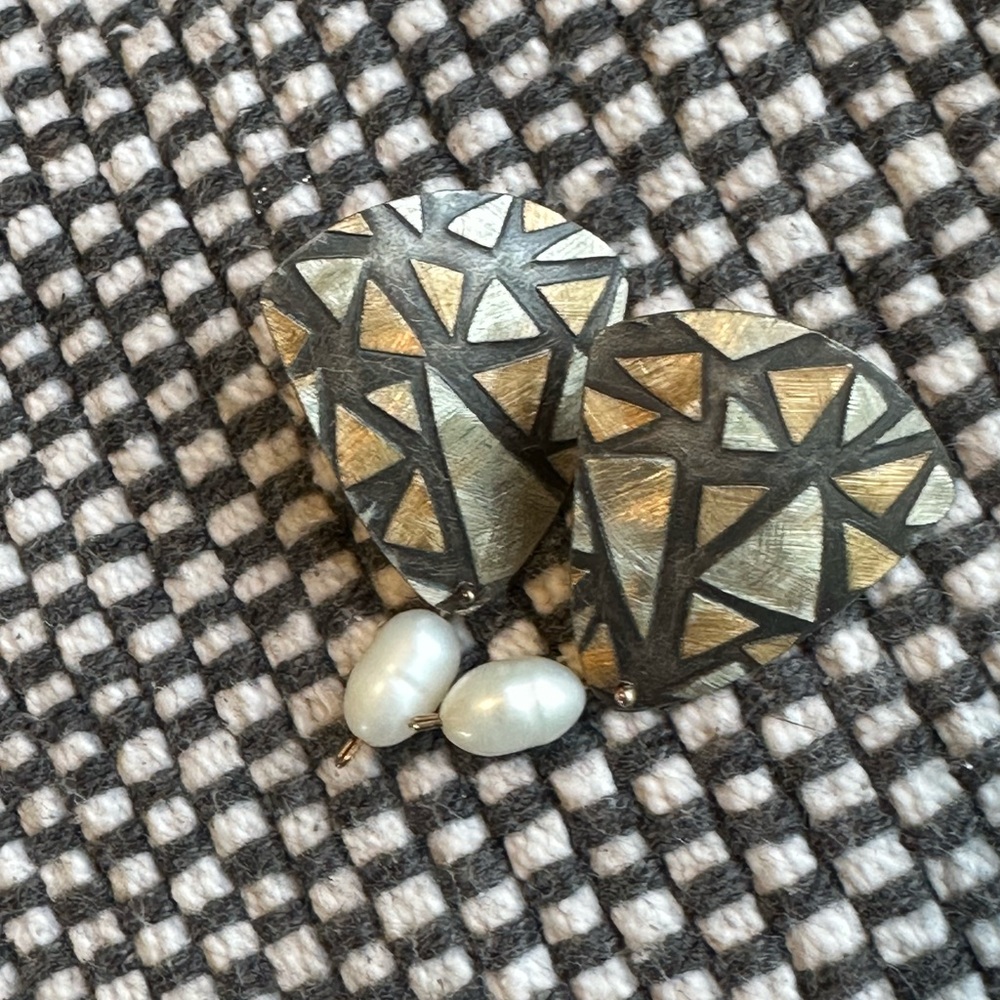 Gold-Tone Geometric Drop Earrings with Pearl Dangles